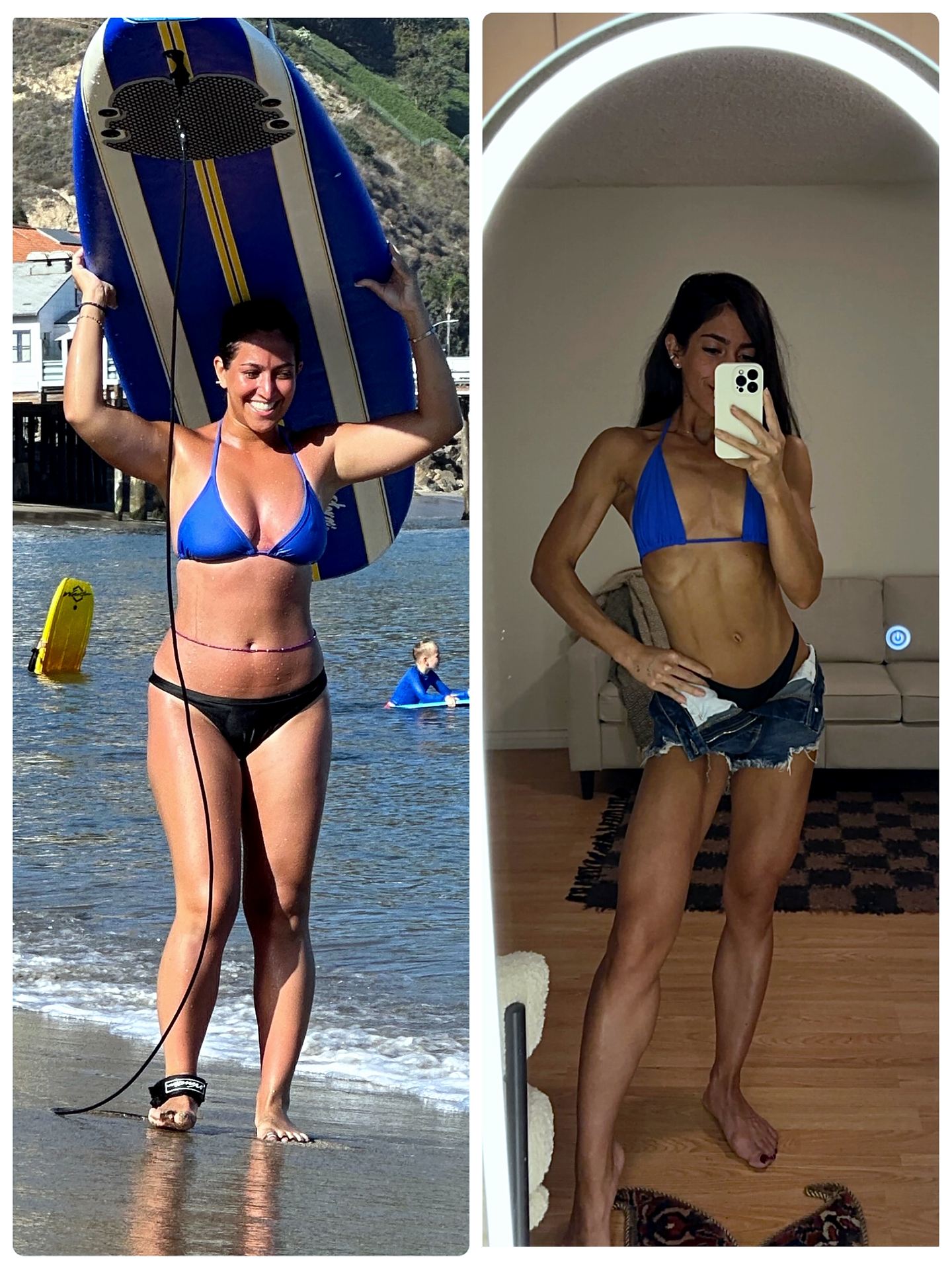Side-by-side of Yegi's own transformation — on the beach before, competition-lean after